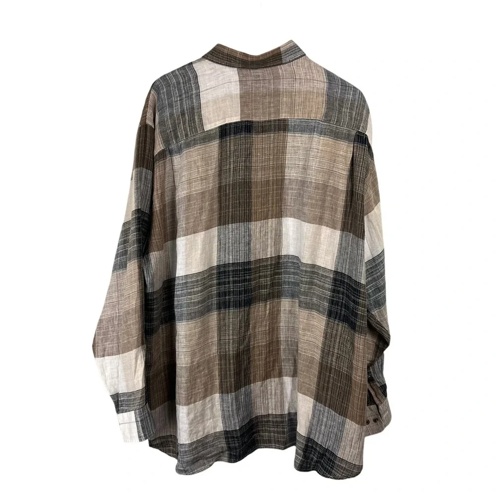 Paul Fredrick XXL Classic Fit Pure‎ Linen Plaid Button Down Shirt Brown Tan Grey